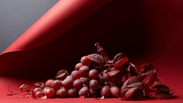 verse rijpe rode druiven met bladeren op een rode achtergrond