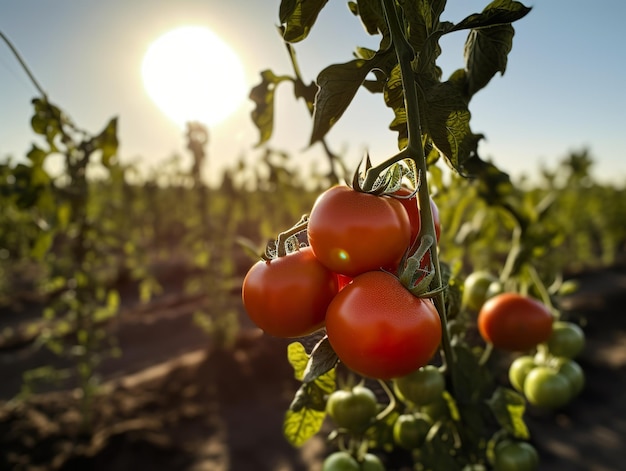 Verse rijpe rode tomaten plantengroei in biologische tuin klaar om te oogsten