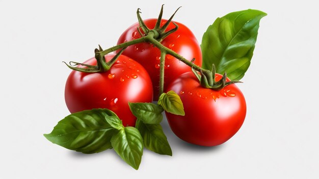 Foto verse rijpe tomaten met basilicumbladeren en basilicum op een zwarte achtergrond