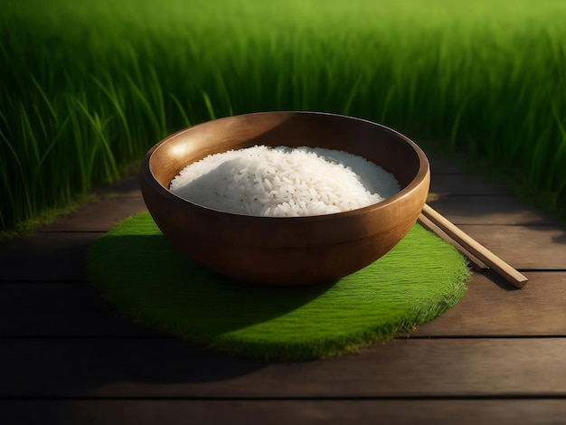 Verse rijst in een schaal op een houten vloer Generatieve AI-illustratie