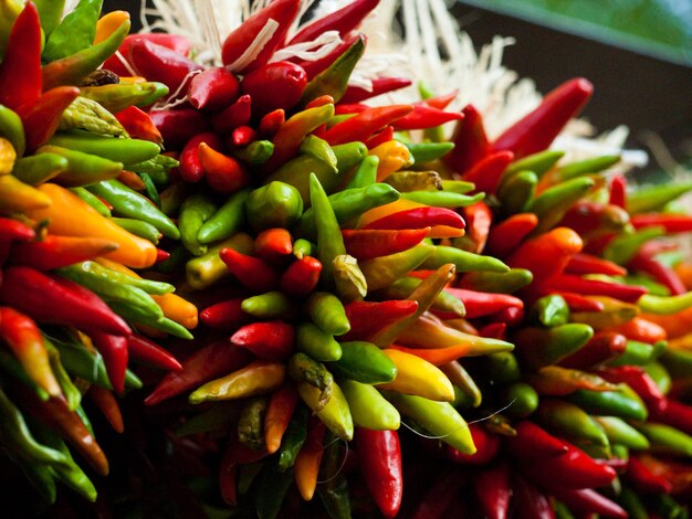 Verse rista tentoongesteld op de lokale boerenmarkt. Volgens de legende brengt in het zuidwesten hangende chili-ristra's geluk als ze bij de ingang van het huis worden opgehangen.