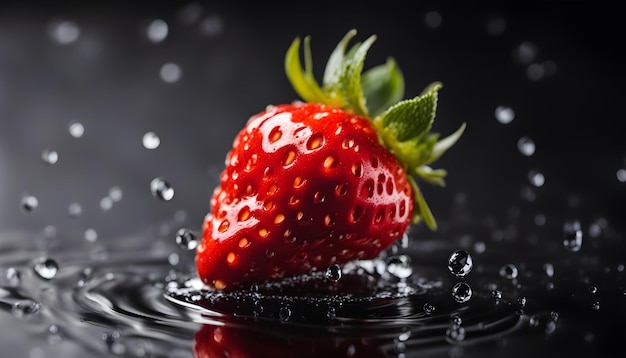 verse rode aardbei met druppels water tegen zwarte achtergrond