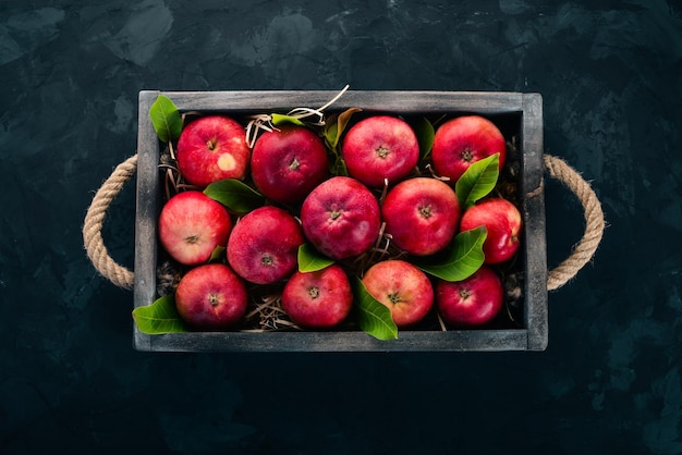 Verse rode appels in een houten kist Biologisch voedsel Op een zwarte achtergrond Bovenaanzicht Vrije ruimte voor tekst