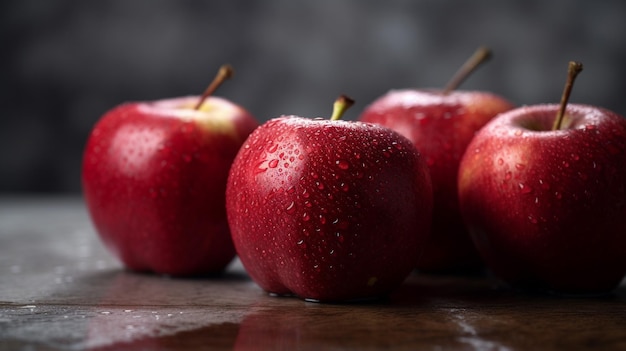 Verse rode appels met waterdruppels op houten tafel selectieve focus