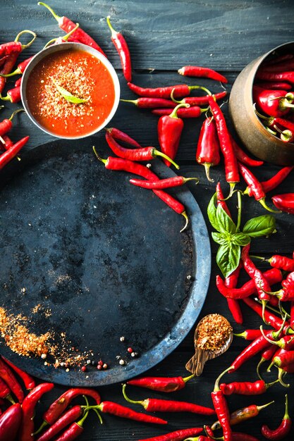 Verse Rode Chili Peper Kruiden op hout