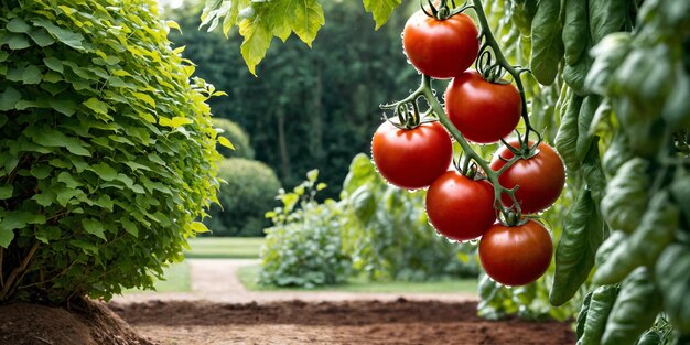 Verse rode rijpe tomaten op de tak Organische landbouw groentetuin Tomaten oogst