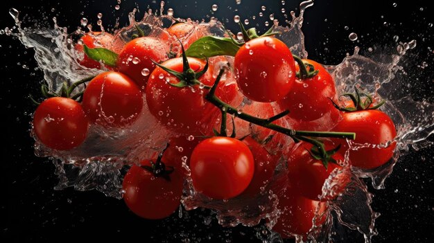 Verse rode tomaten bespat met water op zwarte en onscherpe achtergrond