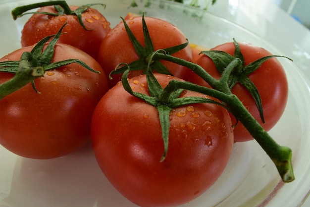 Verse rode tomaten met druppels water op de tomaten schil. Meng fruit. Verse vruchten sluiten u