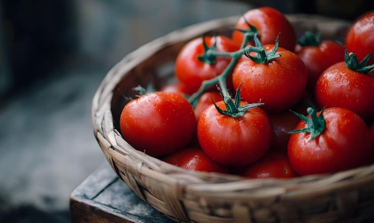 Foto verse rode tomaten verzameld in een geweven mand