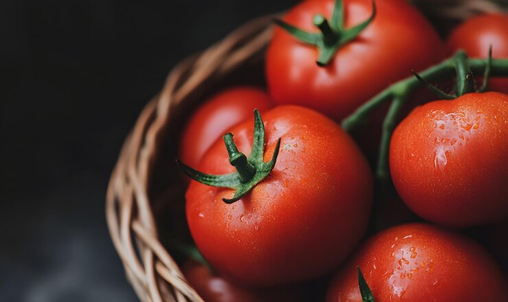 Foto verse rode tomaten verzameld in een geweven mand