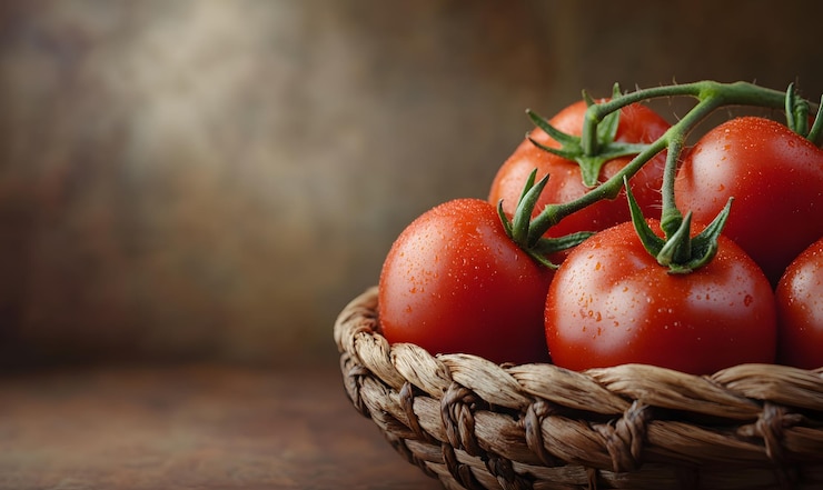 Foto verse rode tomaten verzameld in een geweven mand