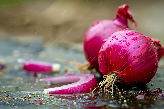 Verse rode uien met waterdruppels op een nat oppervlak Regenachtige dag Levendige paarse kleur Organische groente