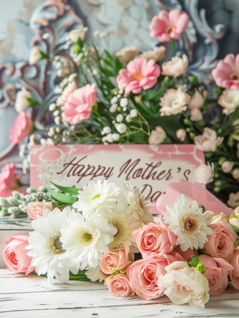 Verse rozen en gerberas gerangschikt met de zachte adem van een baby en een kaartje met de dag van de moeder op een rustieke houten achtergrond
