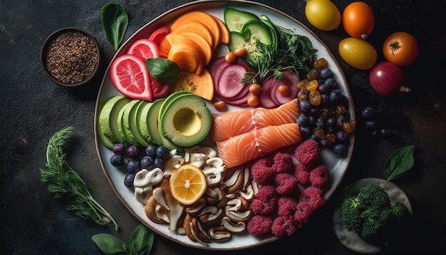 Verse salade met biologische groenten avocado en zeevruchten filet gegenereerd door kunstmatige intelligentie