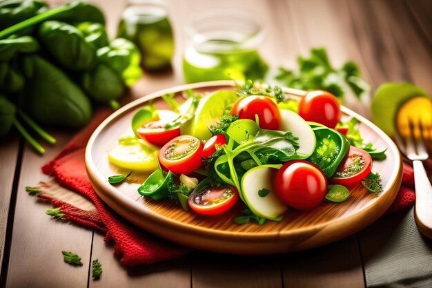 Verse salade met rode tomaten en gemengde groene groenten op een houten eettafel gezond voedselconcept
