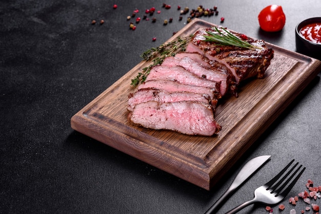 Verse, sappige heerlijke biefstuk op houten tafel. Vleesgerecht met kruiden en specerijen