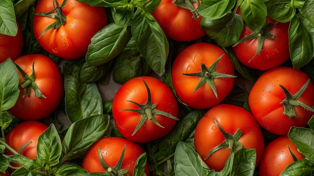 Verse sappige rode tomaten met levendige groene bladeren te zien