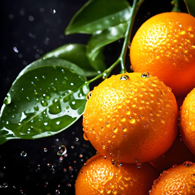 verse sinaasappel met bladeren en een druppel water ai gegenereerd