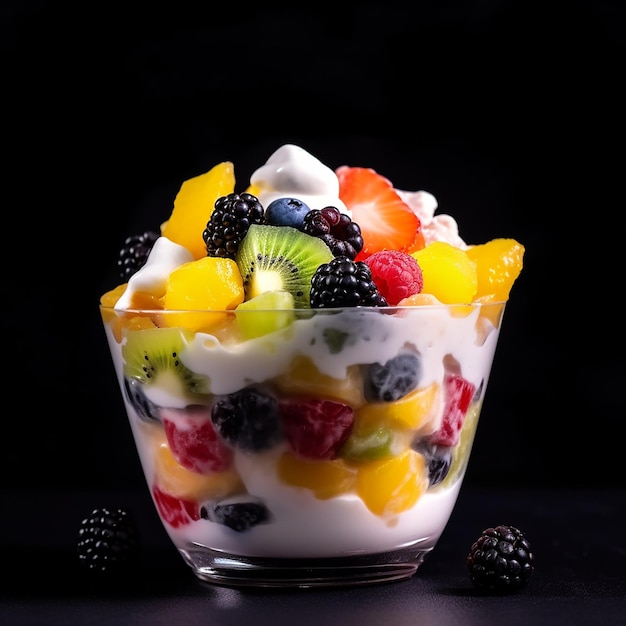 Verse smakelijke fruitsalade met yoghurt op zwarte achtergrond close-up Verschillende plakjes rijp fruit