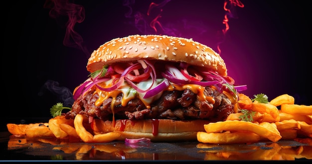 Verse smakelijke hamburger op donkere achtergrond