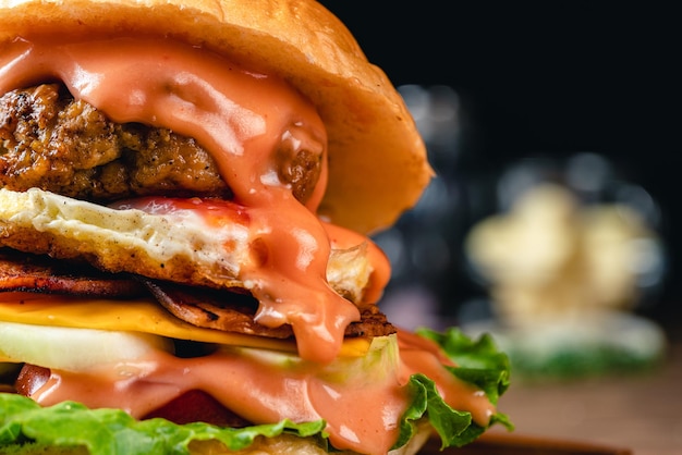 Verse smakelijke kipburger op houten tafel donkere stemmingsfotografie
