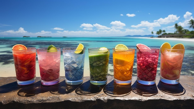 Verse smakelijke kleurrijke cocktails in een prachtig landschap met zee en strand