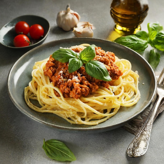 Foto verse smakelijke pasta bolognese op het bord