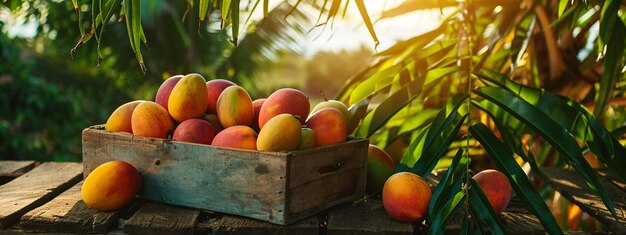 Verse smakelijke zoete mango's in een houten doos op een houten achtergrond
