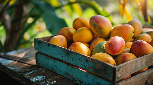 Verse smakelijke zoete mango's in een houten doos op een houten achtergrond
