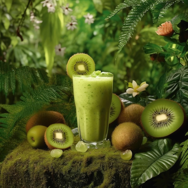 Verse Smoothie kiwi lassi met kiwifruit in studio achtergrondrestaurant met tuin