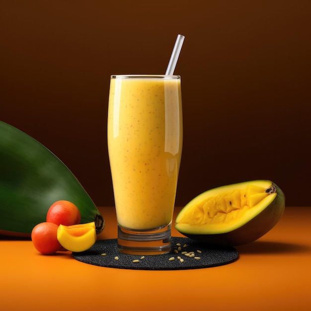 Verse Smoothie mango lassi met mangofruit in studio achtergrondrestaurant met tuin