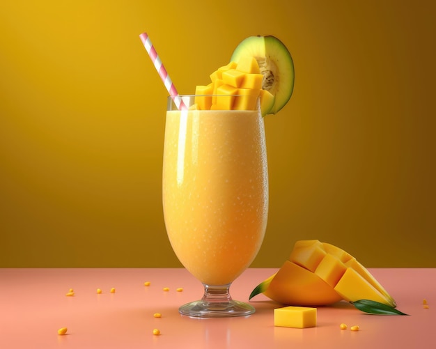 Verse Smoothie mango lassi met mangofruit in studio achtergrondrestaurant met tuin