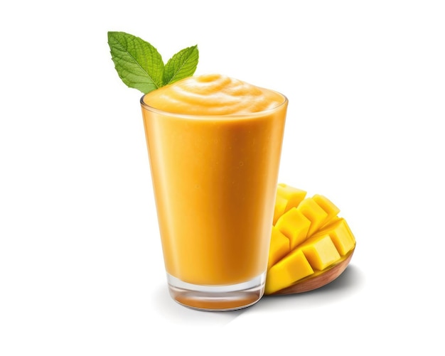 Verse Smoothie-mangolassi met mangofruit in geïsoleerd wit achtergrondstudioschot