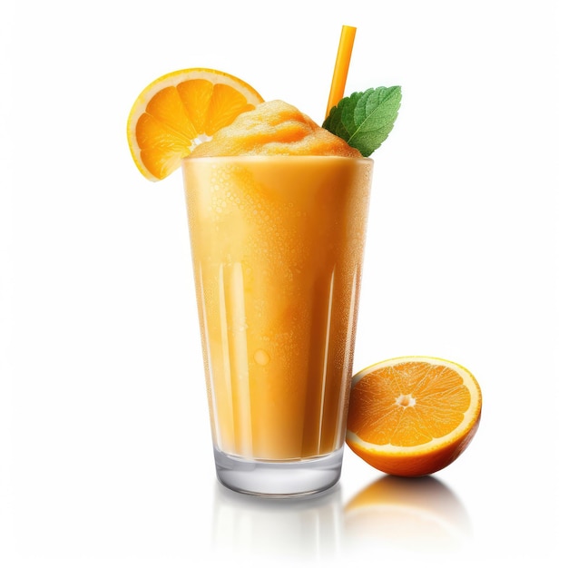 Verse Smoothie oranje lassi met oranje fruit in geïsoleerde witte achtergrond studio opname