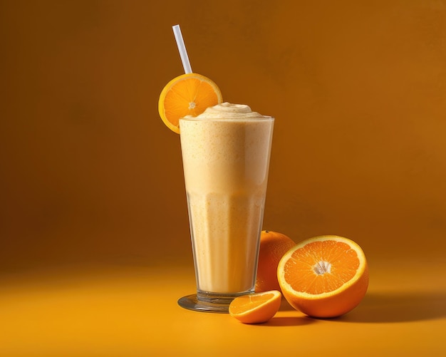 Verse Smoothie oranje lassi met oranje fruit in studio achtergrondrestaurant met tuin