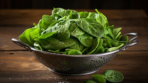 Verse spinadeblaadjes in een colander op een houten tafel