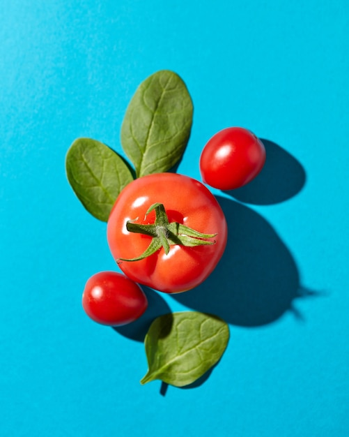Verse spinaziebladeren en sappige rijpe tomaten op een blauw met harde schaduwen en exemplaarruimte. Biologische groenten voor salade. Plat leggen