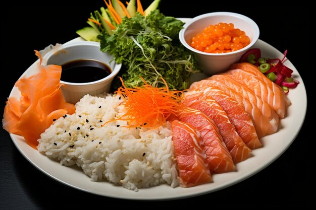 Foto verse sushi met vis, rijst en sashimi.