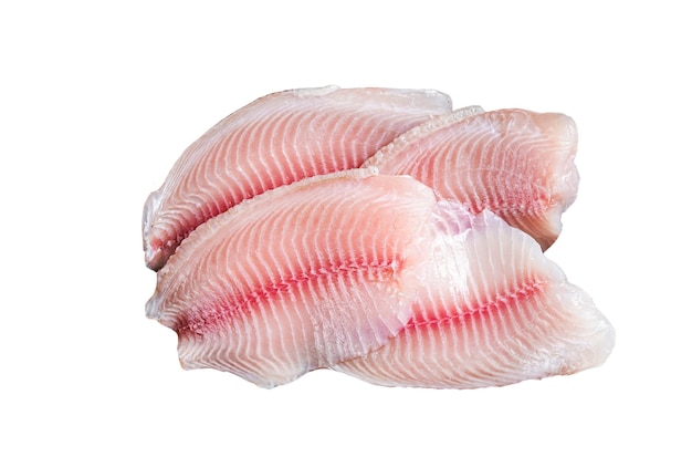 Verse tilapia witte visfilet in een houten bakje geïsoleerd op een witte achtergrond