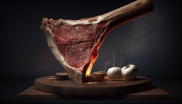 Verse tomahawk steak op een oude houten plank donkere achtergrond Generatieve AI