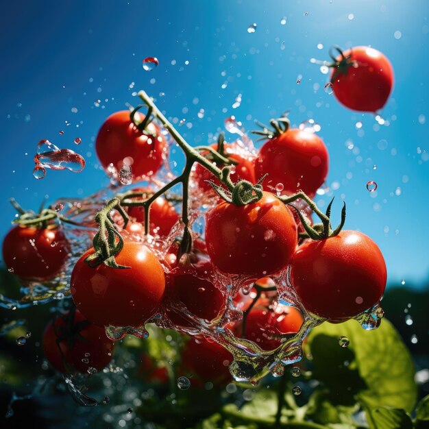 Verse tomaten drijvend met waterspatten op een lichte achtergrond