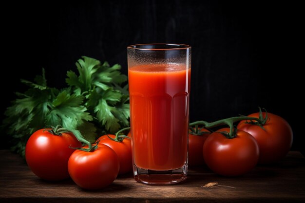 Foto verse tomaten en een glas tomatensap.