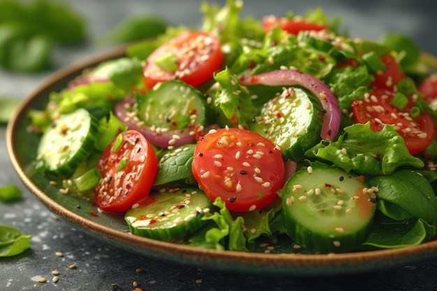 Verse tomaten- en komkommersalade met sla en sesamzaadjes.