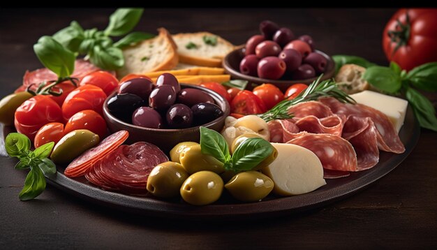 Verse tomaten- en olijvensalade op een rustieke houten tafel gegenereerd door kunstmatige intelligentie