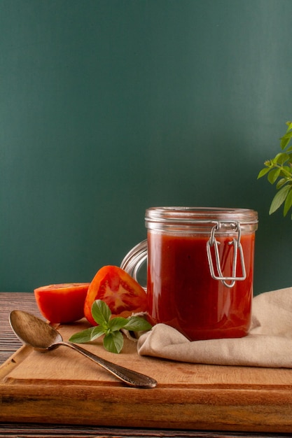 Verse tomatensaus in een glazen pot in een houten tafel en een groene achtergrond vooraanzicht