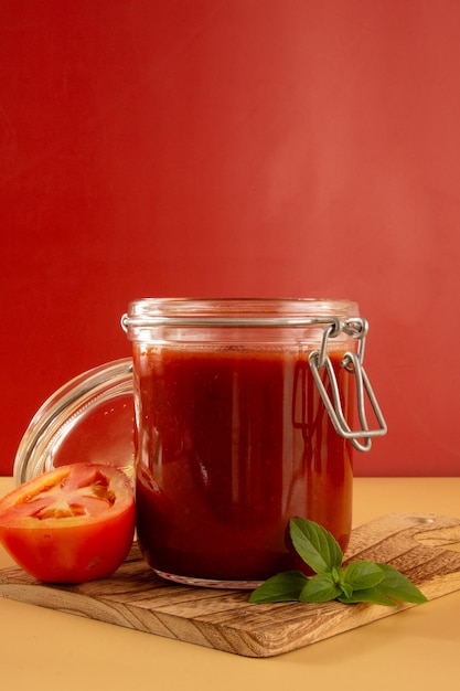 Verse tomatensaus in een glazen pot met basilicumblaadjes gesneden tomaten op een rode achtergrond vooraanzicht