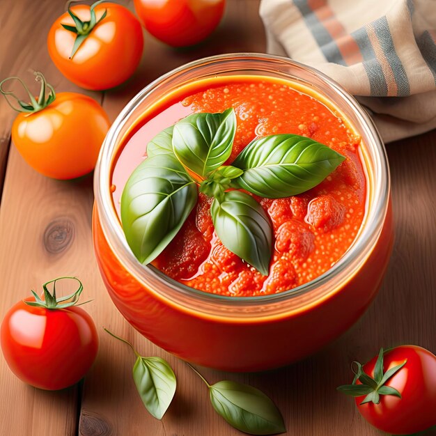 Verse tomatensaus in glazen kom close-up