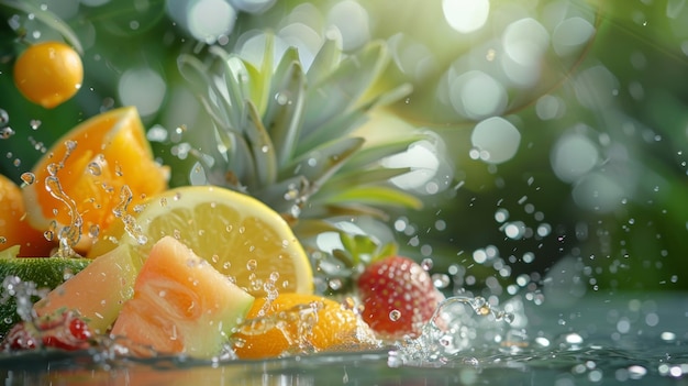 Verse tropische vruchten die in het water drijven biologisch dessert voor sap en smoothie ad