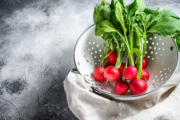 Verse tuinradijs in een wit vergiet. Farm biologische groenten. Bovenaanzicht