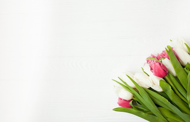 Verse tulpen op een witte houten achtergrond voor Moederdag